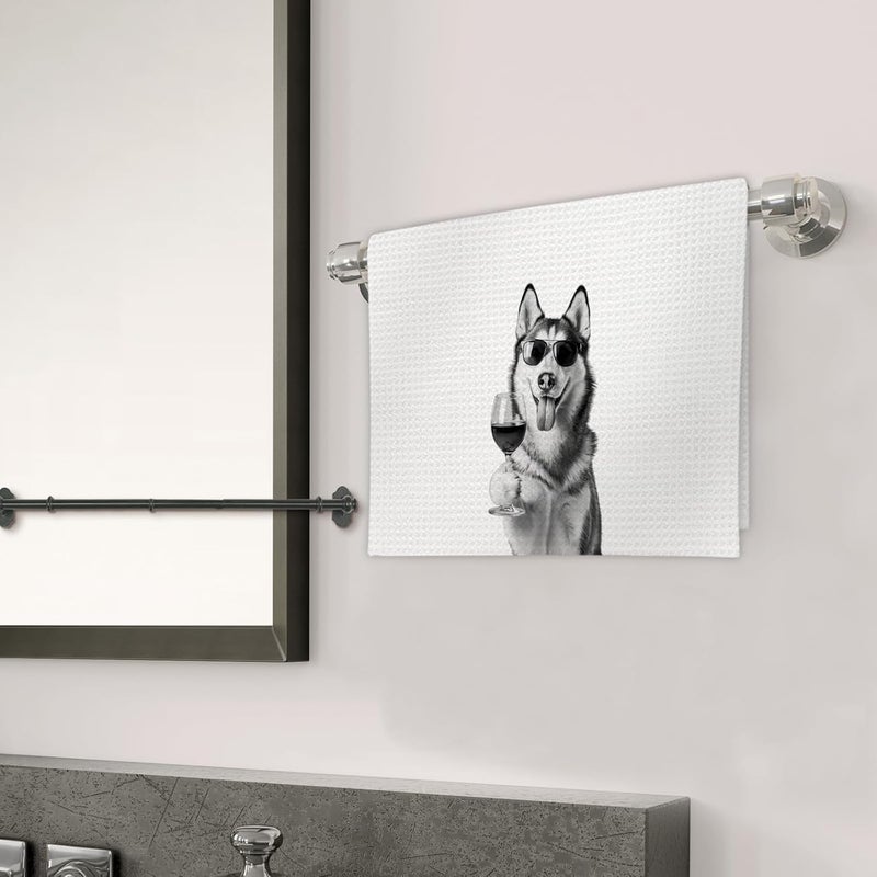 FIicy Husky Gifts Wine Dog Kitchen Towels, Gifts for Husky Dog Wine Lovers Decorative Hand Dish Towel for Kitchen Home Bar, Funny HuskyDog WineLover Home Bar Kitchens Decor(16x24 Inch) - Image 3